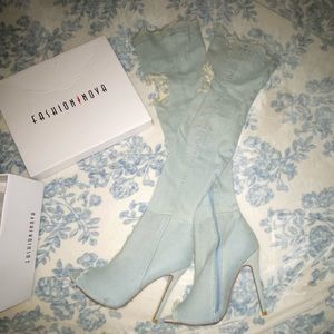 Distressed Thigh High Denim Heels